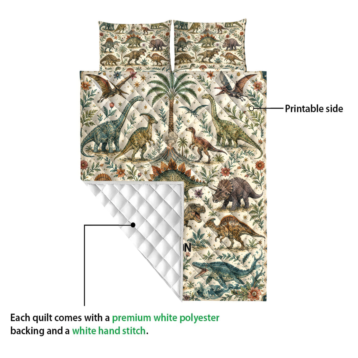 Dinosaur quilt shown with its printed side and diamond-stitched reverse for a close-up construction view