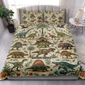 Dinosaur quilt bedding styled in a bright bedroom with colorful prehistoric animals, plants, flowers, and volcano artwork