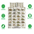 Dinosaur alphabet quilt bedding set displayed with matching illustrated pillows and feature icons