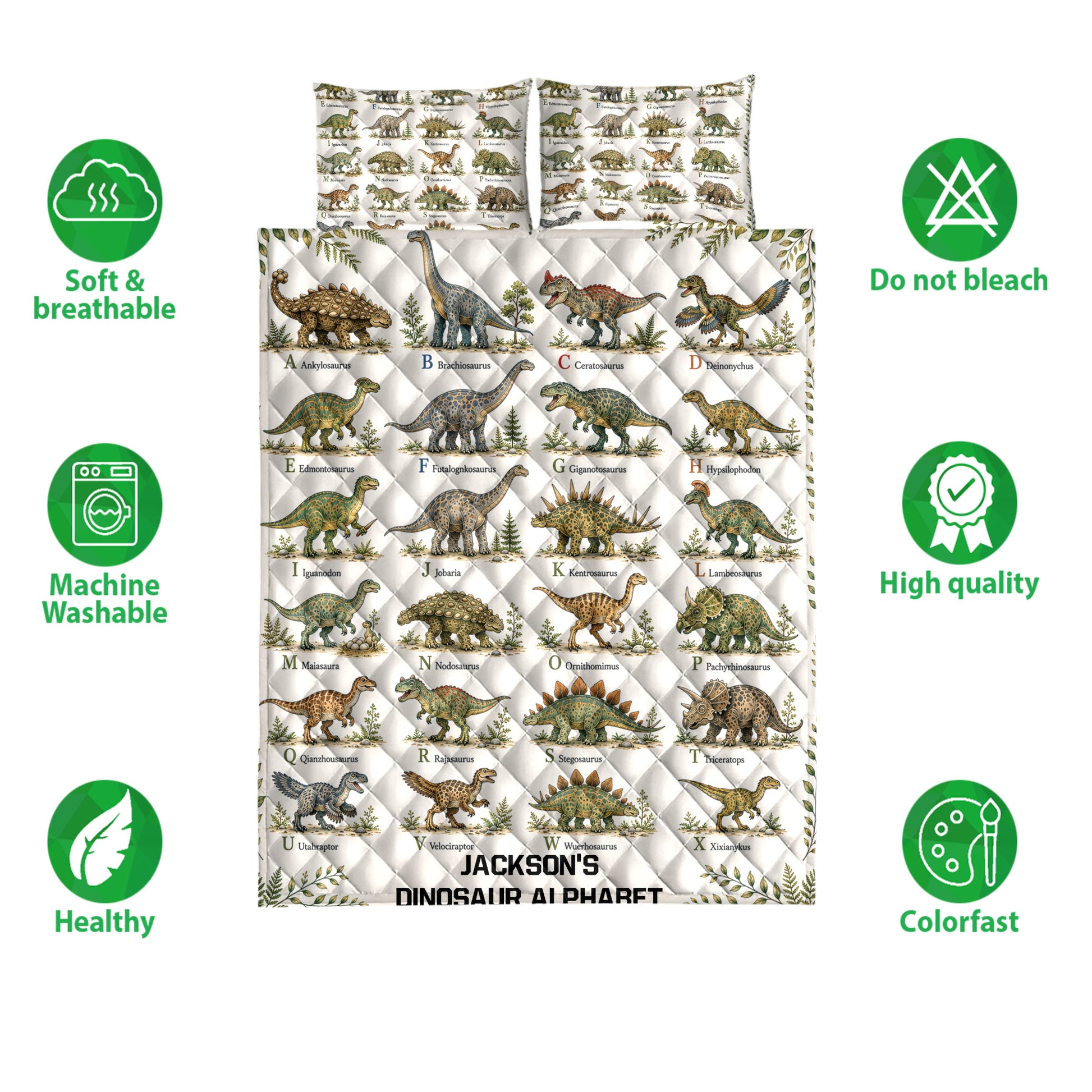 Dinosaur alphabet quilt bedding set displayed with matching illustrated pillows and feature icons