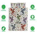 Dragon quilt bedding set displayed with matching patterned pillowcases and care feature icons