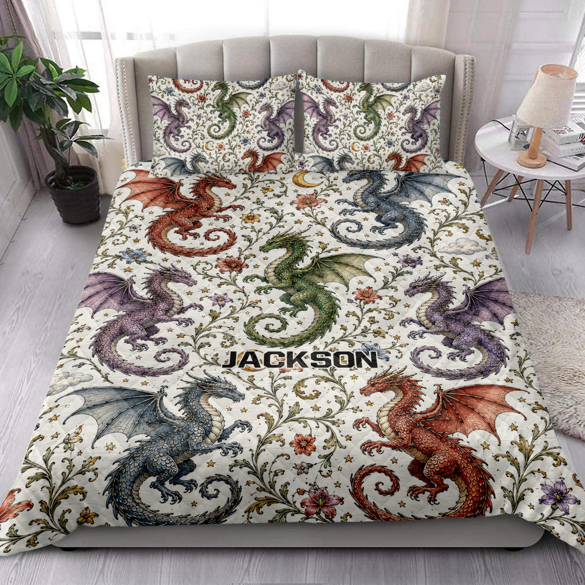 Dragon quilt blanket styled on a modern bed with matching dragon-patterned pillowcases