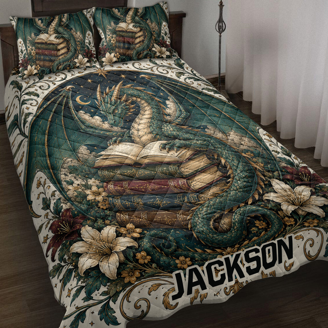 Teal dragon quilt blanket displayed on a bed with books, lilies, stars, and ornate fantasy artwork
