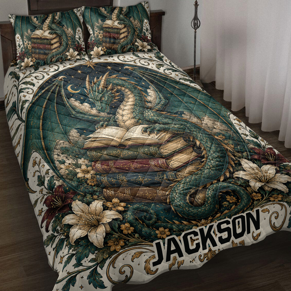 Teal dragon quilt blanket displayed on a bed with books, lilies, stars, and ornate fantasy artwork