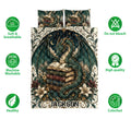 Dragon quilt bedding set shown with book-themed artwork, floral details, and feature icons