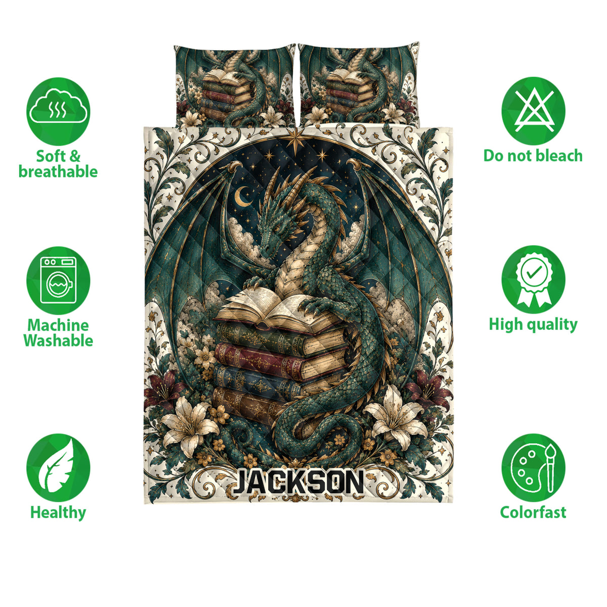 Dragon quilt bedding set shown with book-themed artwork, floral details, and feature icons