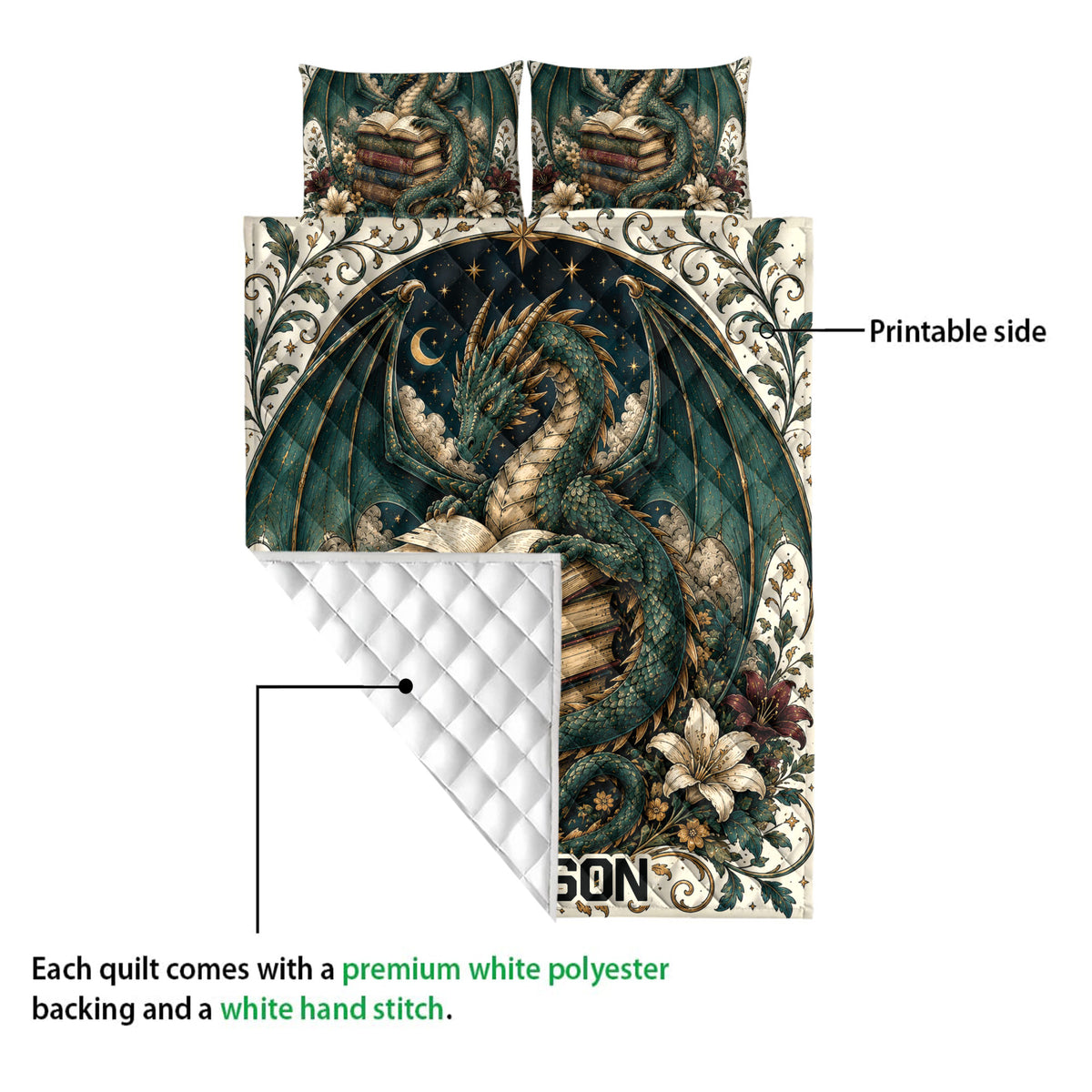 Dragon quilt blanket showing the printed front and white quilted reverse side