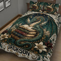 Close bedroom view of a teal fantasy dragon quilt blanket surrounded by books, stars, and flowers