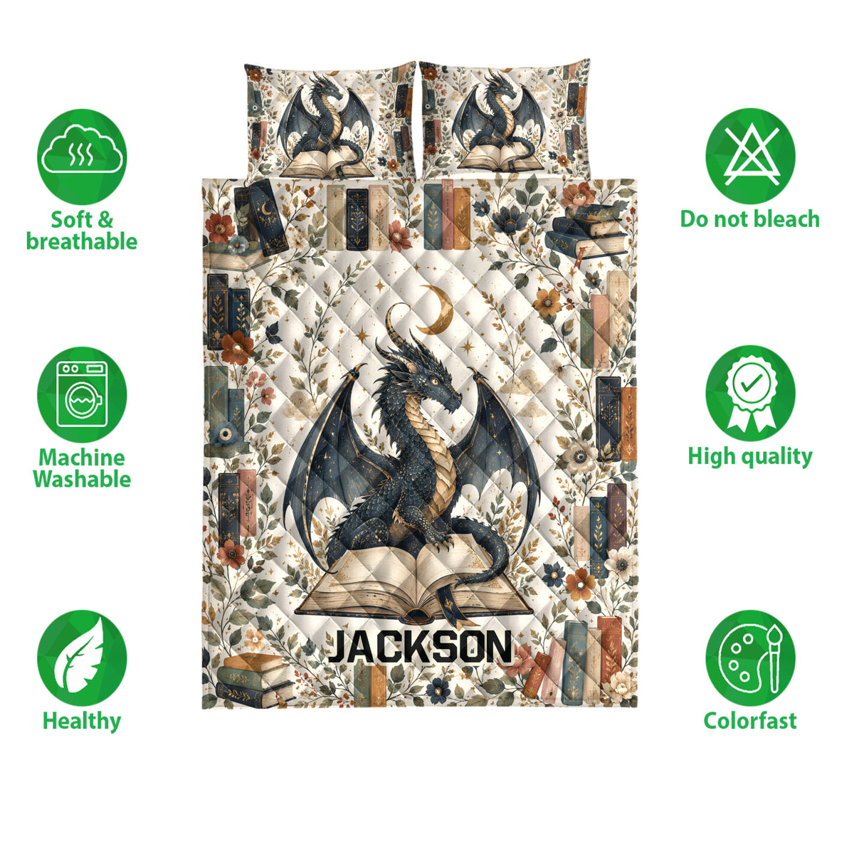 Dragon quilt bedding set with open books, botanical flowers, moon, and fantasy artwork