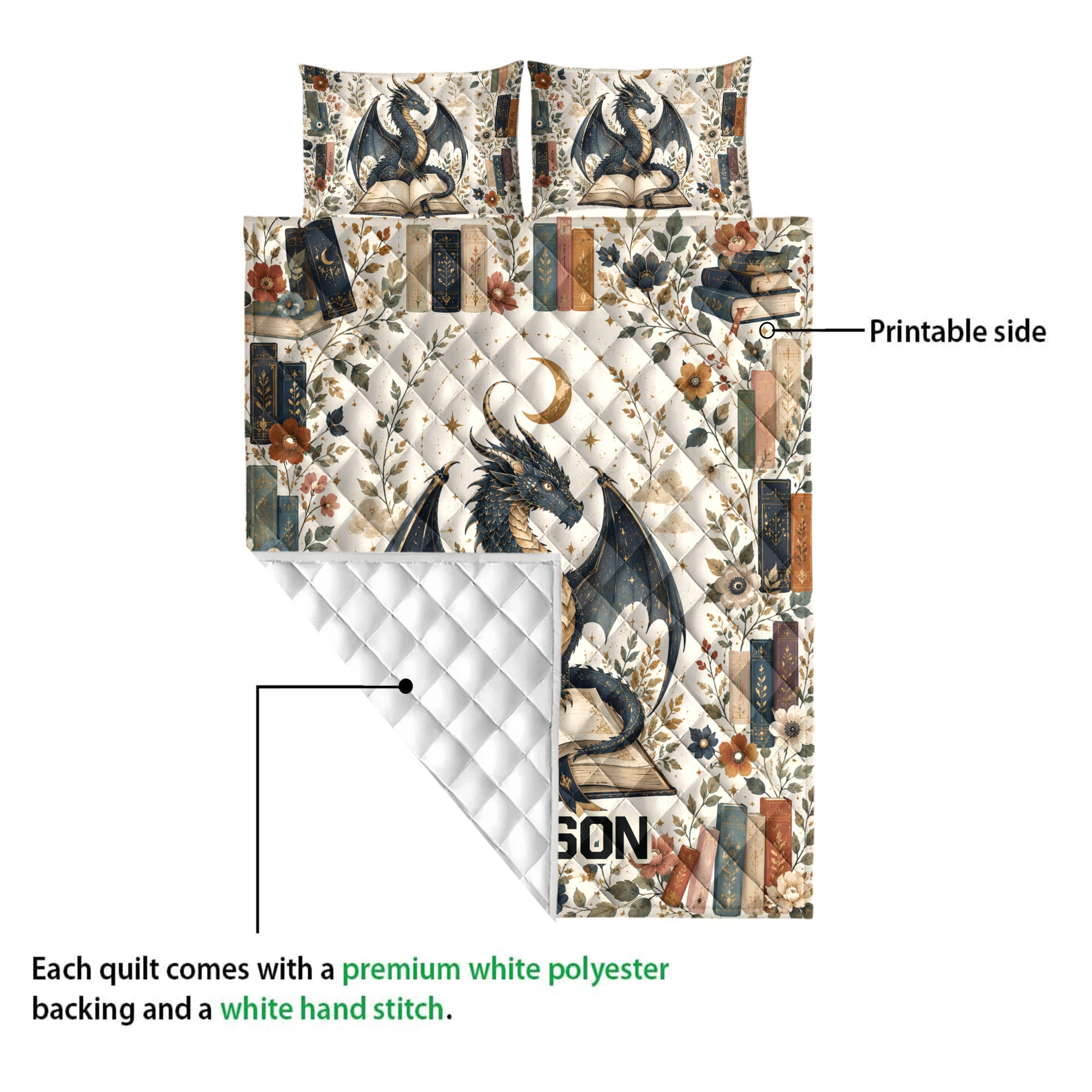 Dragon quilt showing the printed floral book pattern and white quilted backing detail