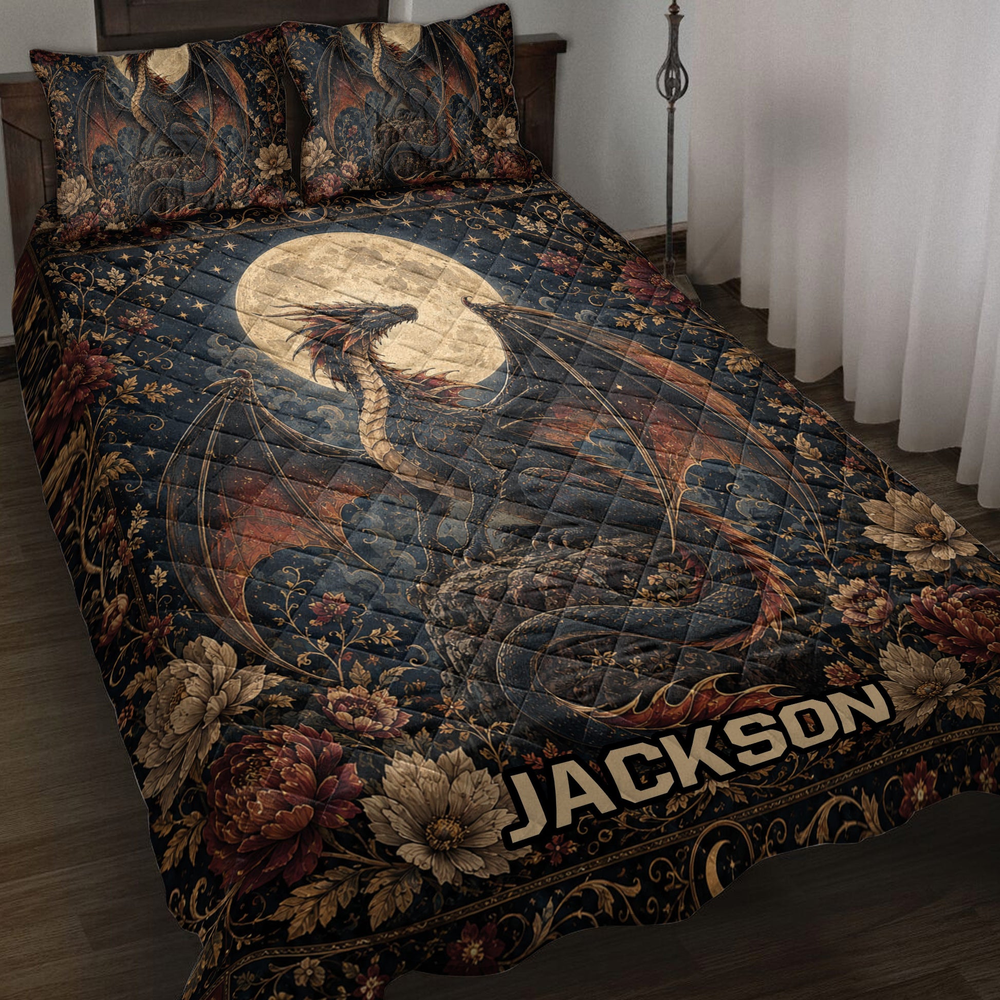 Dragon quilt blanket displayed on a bed with moonlit artwork, flowers, stars, and dark fantasy colors