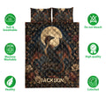 Dragon quilt bedding set shown front-facing with moonlit fantasy artwork and floral borders