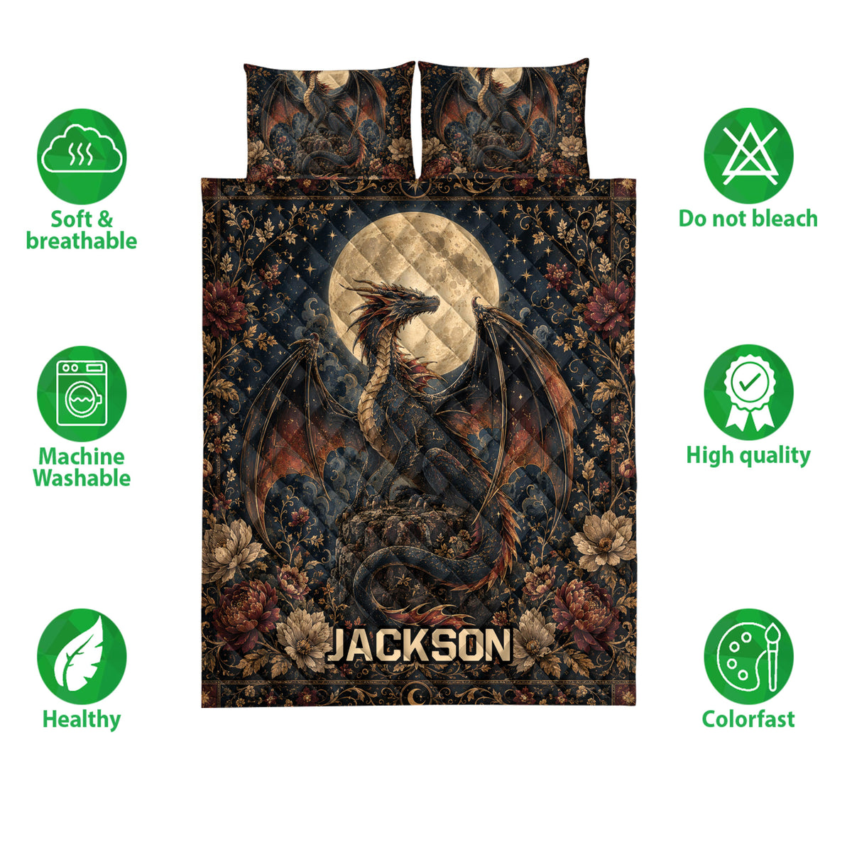Dragon quilt bedding set shown front-facing with moonlit fantasy artwork and floral borders
