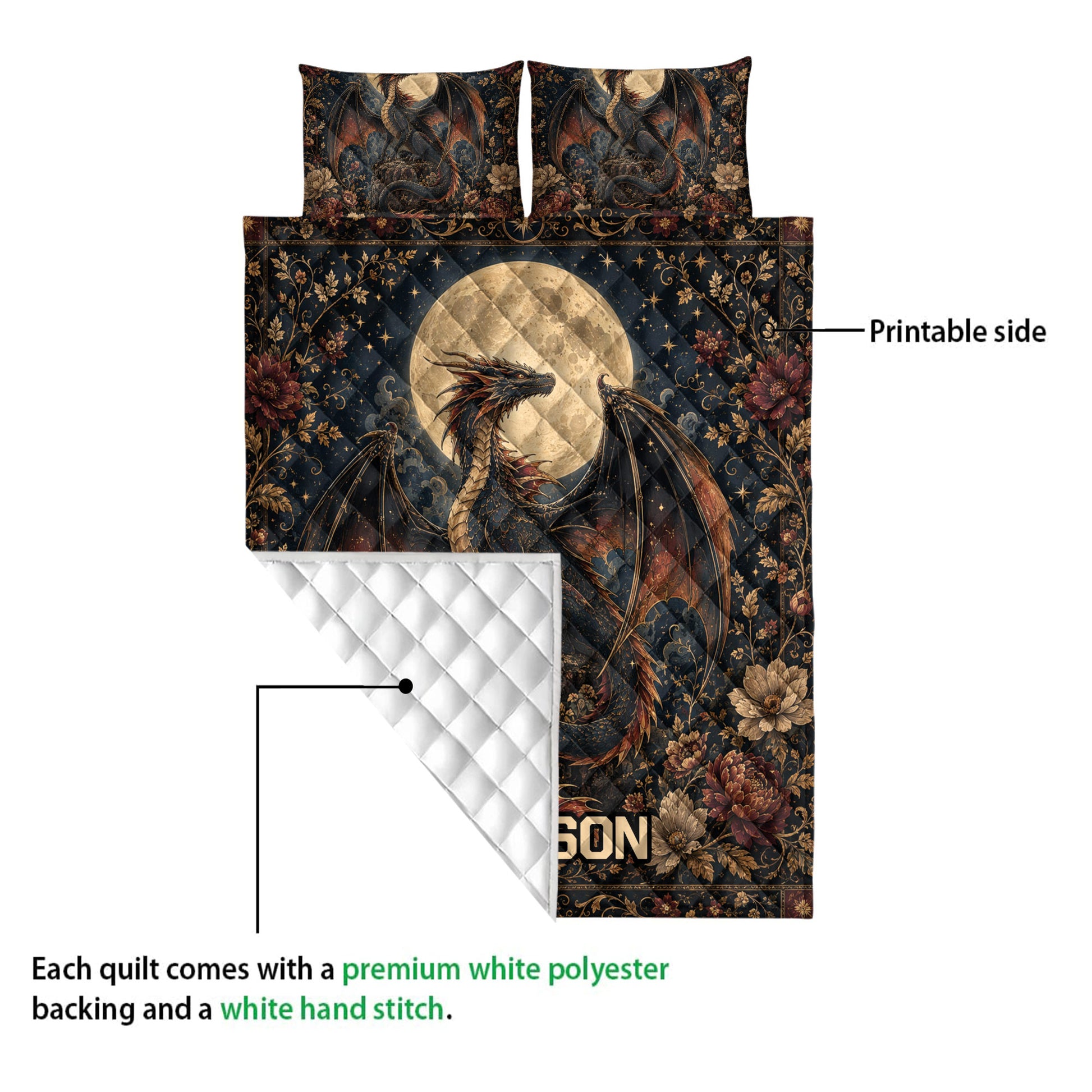 Dragon quilt blanket detail showing the printed front and white quilted backing