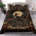 Dragon quilt bedding styled in a bright bedroom with dramatic moonlit fantasy artwork