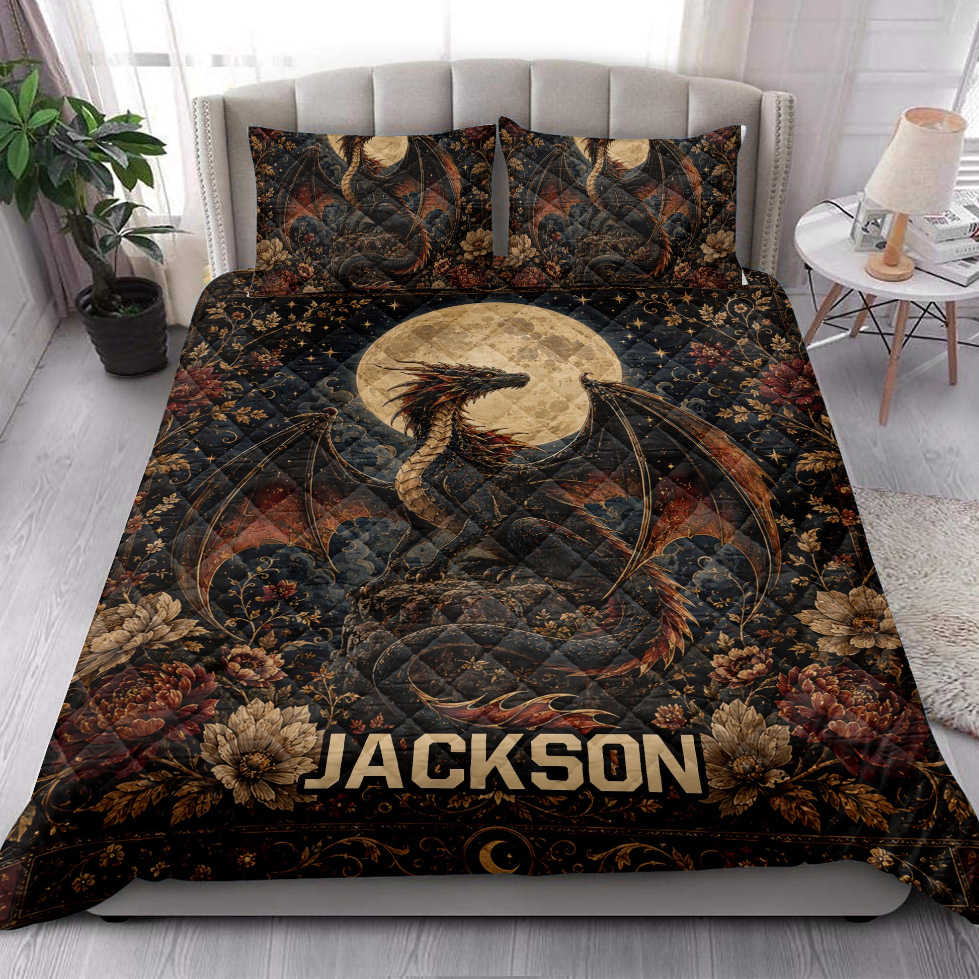 Dragon quilt bedding styled in a bright bedroom with dramatic moonlit fantasy artwork