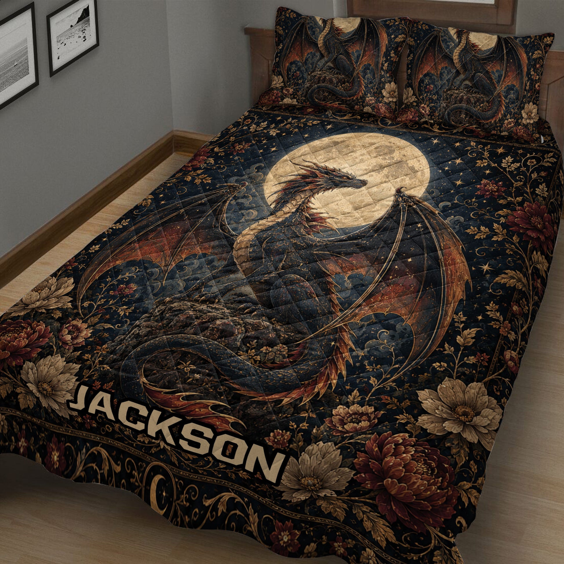 Close bedroom view of a dragon quilt blanket featuring floral details and a large moon