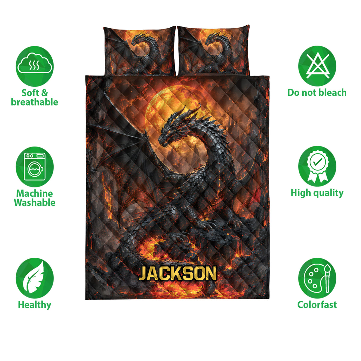 Dragon quilt bedding set with dark fantasy artwork, fiery volcanic scenery, and product feature icons