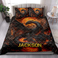 Dragon quilt bedding set styled in a bright bedroom with black dragons, lava, and glowing moon artwork