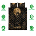Dragon quilt bedding set displayed against a white background with moonlit artwork and product feature icons
