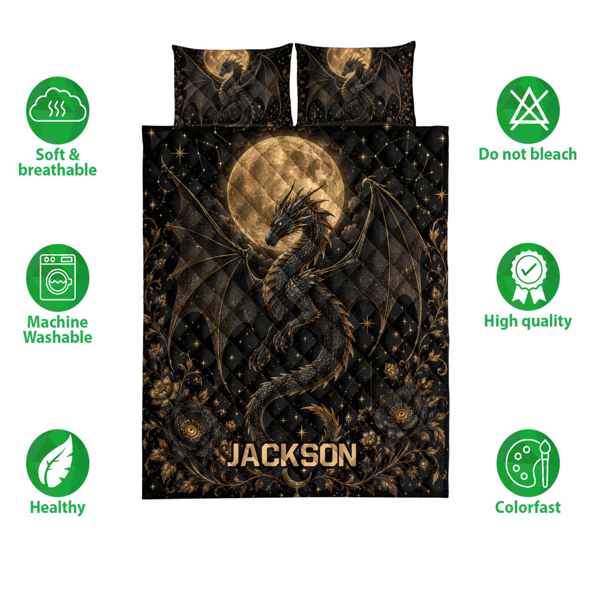 Dragon quilt bedding set displayed against a white background with moonlit artwork and product feature icons