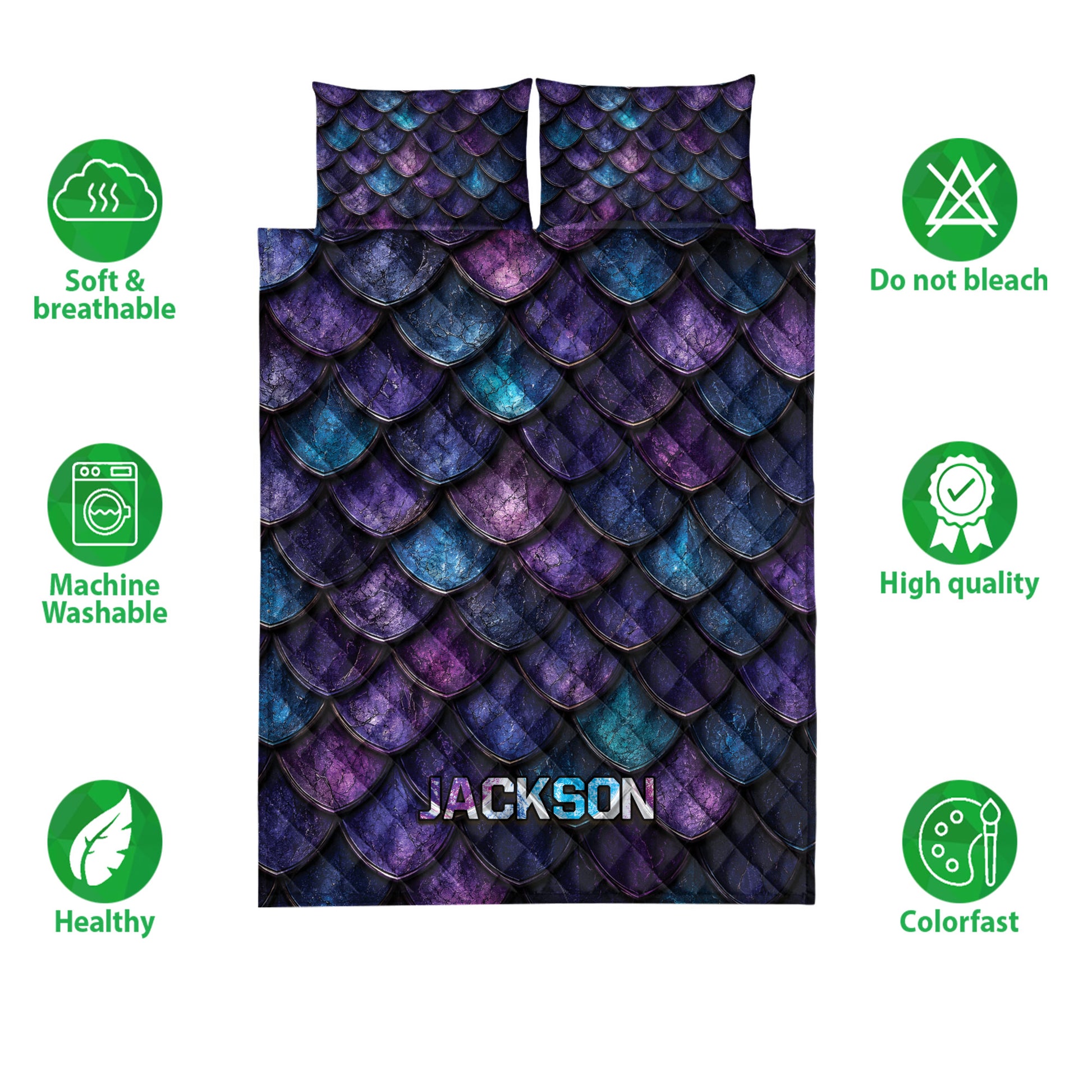 Dragon scale quilt bedding set shown with matching pillowcases and soft purple, blue, and teal artwork