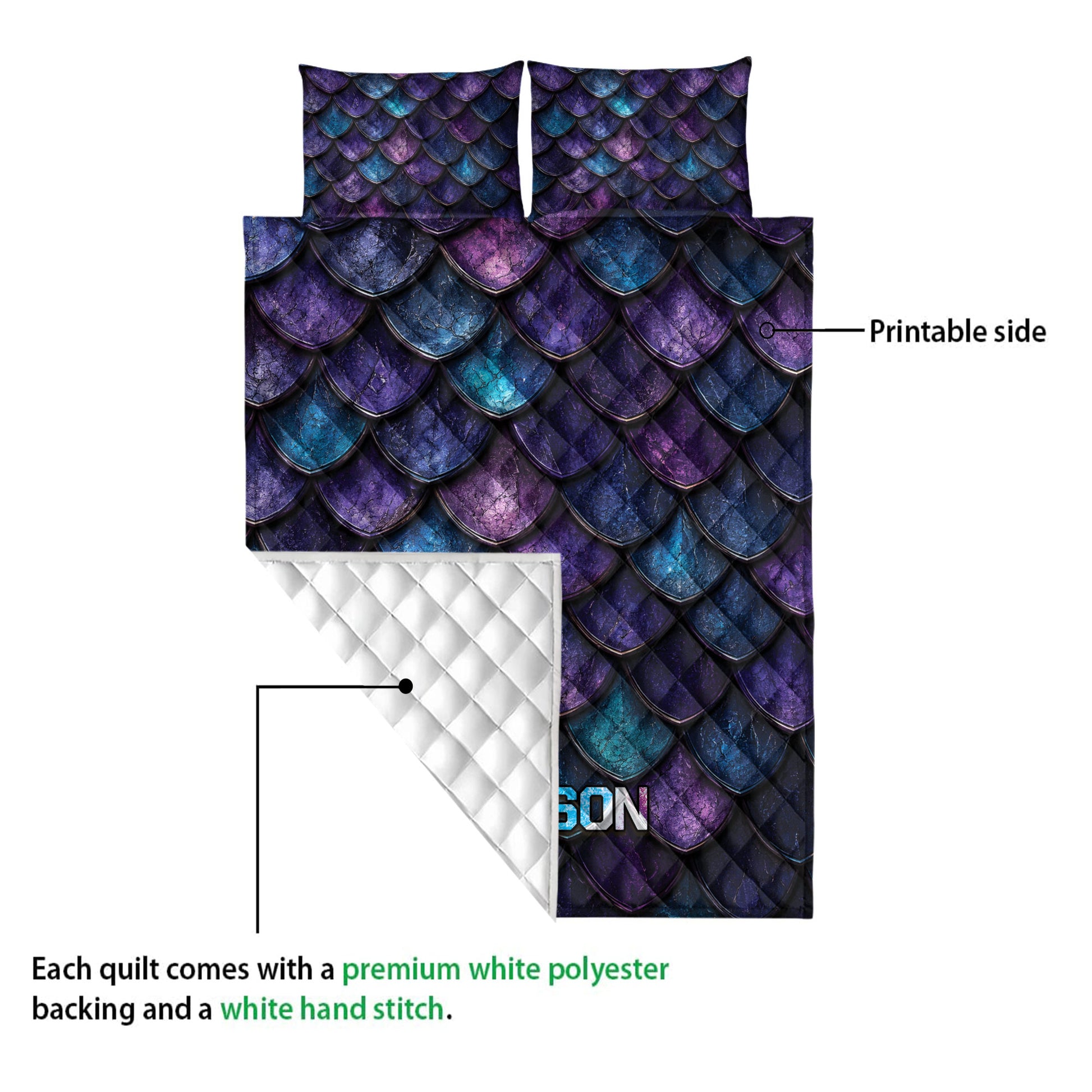 Dragon scale quilt showing the printed front and white quilted backing in a product detail view
