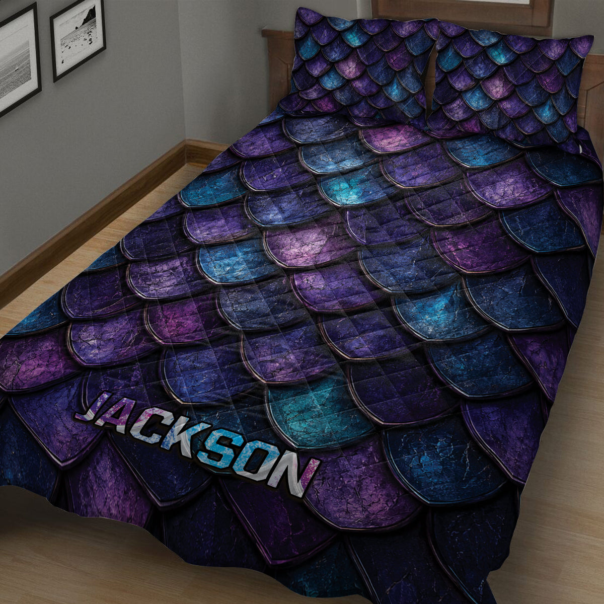 Close-up view of a dragon scale quilt blanket featuring rich purple, blue, and teal colors