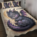 Dragon quilt bedding set displayed on a bed with sleeping purple-winged dragon artwork