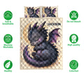 Dragon quilt blanket with sleeping winged dragon artwork and product feature icons