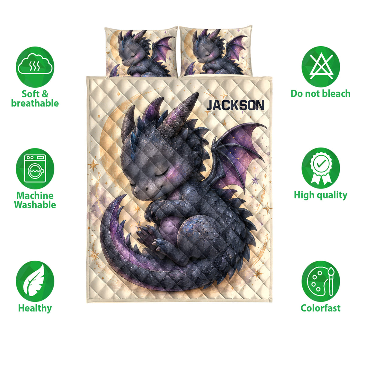 Dragon quilt blanket with sleeping winged dragon artwork and product feature icons