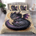 Dragon quilt bedding set styled in a bright bedroom with purple and charcoal dragon artwork