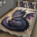 Close bedroom view of a dragon quilt blanket with detailed scales, horns, wings, and stars