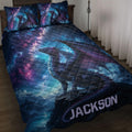 Galaxy dragon quilt blanket displayed on a bed with dark blue, purple, and turquoise fantasy artwork