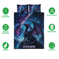 Dragon quilt bedding set shown with cosmic artwork and dark blue quilted texture