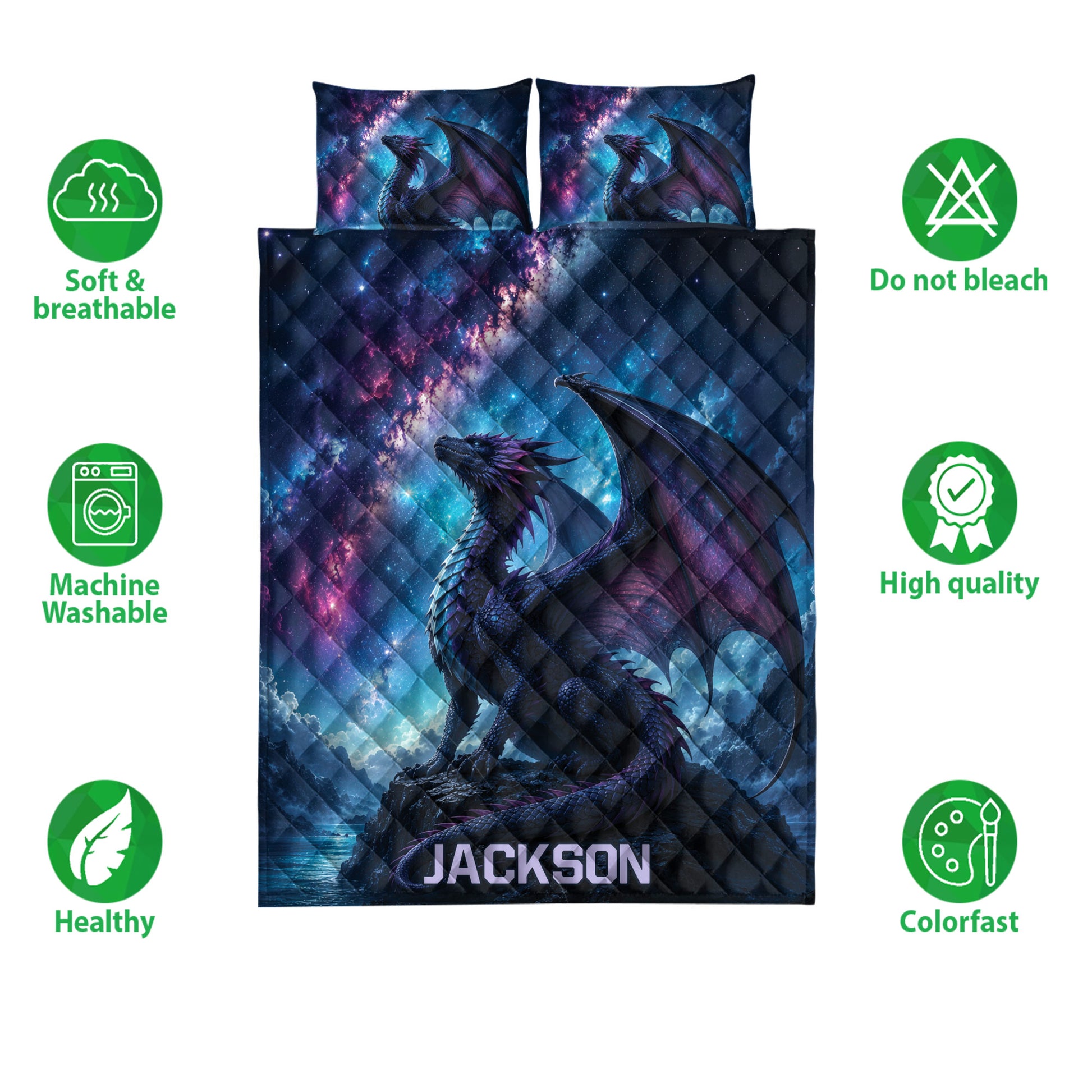Dragon quilt bedding set shown with cosmic artwork and dark blue quilted texture