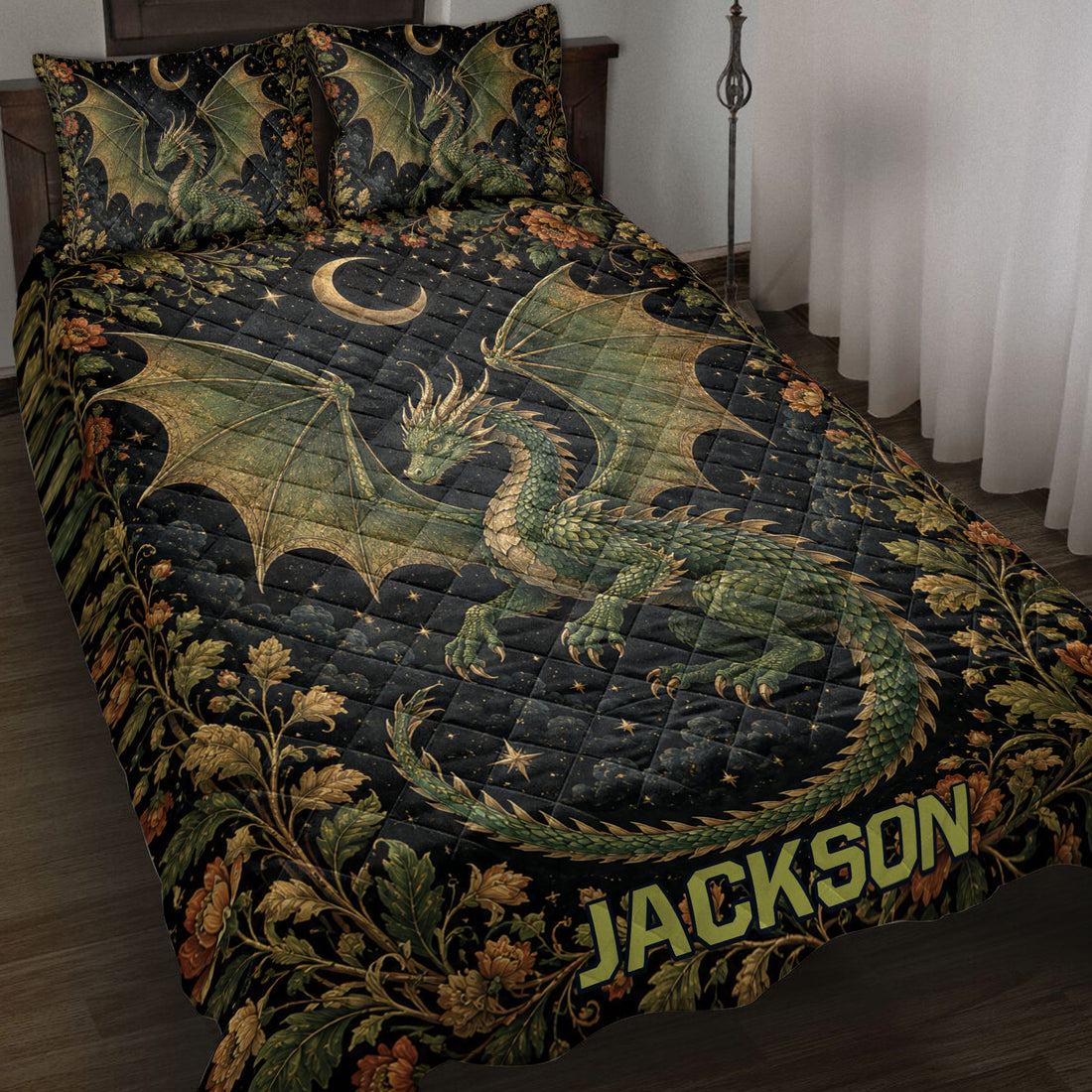 Dragon quilt blanket on a bed with green winged dragons, crescent moons, stars, and botanical florals