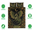 Dragon quilt bedding set display featuring green dragons, moonlit stars, dark floral artwork, and care icons