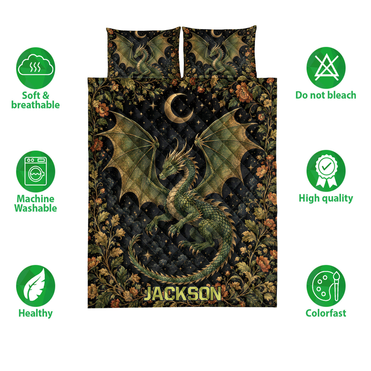 Dragon quilt bedding set display featuring green dragons, moonlit stars, dark floral artwork, and care icons