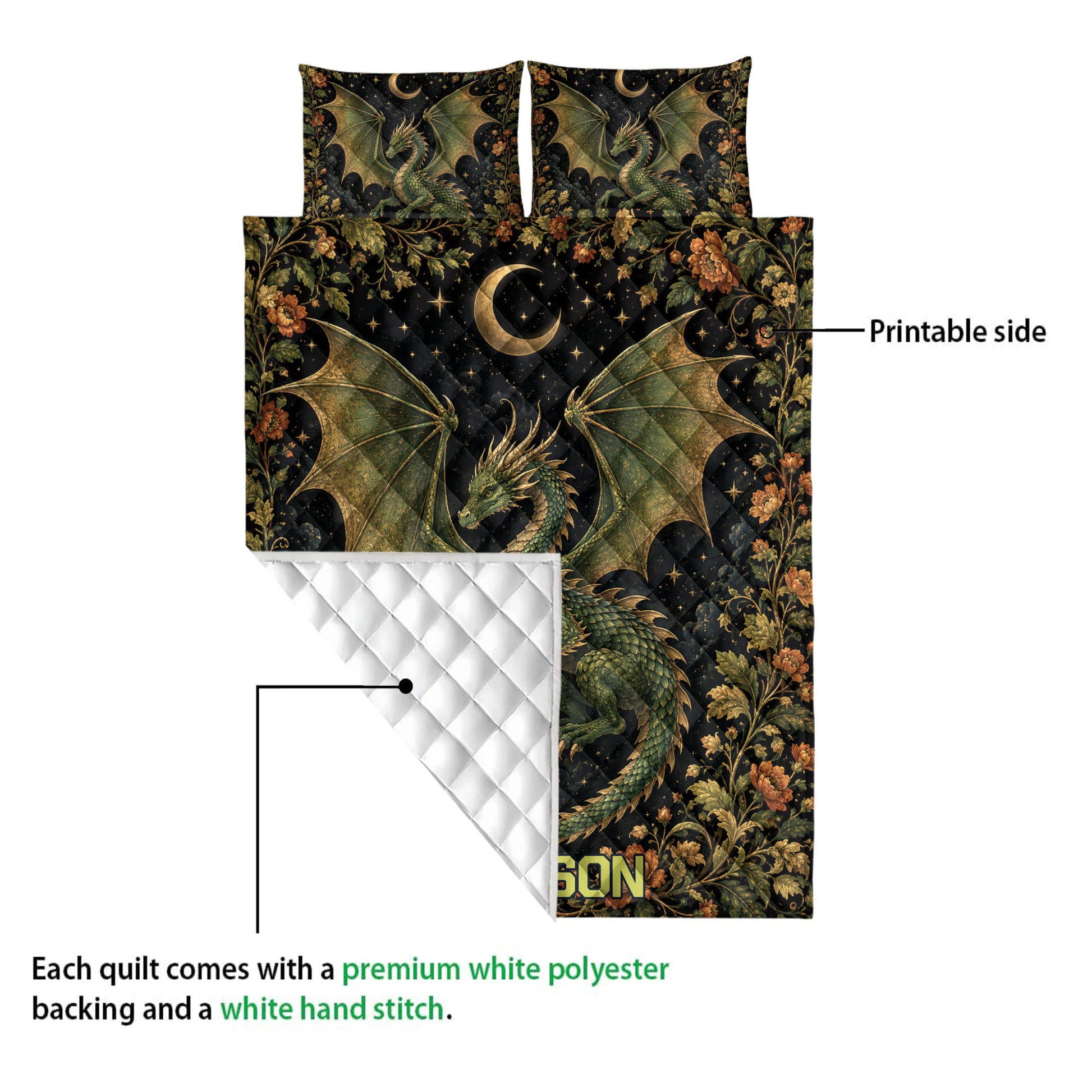Dragon quilt detail showing the printed artwork side and white diamond-quilted backing
