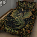 Close bedroom view of a dark fantasy dragon quilt with green wings, moonlight, stars, and floral borders