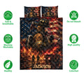 Firefighter quilt bedding set shown with fire truck artwork, bold flag colors, and product feature icons