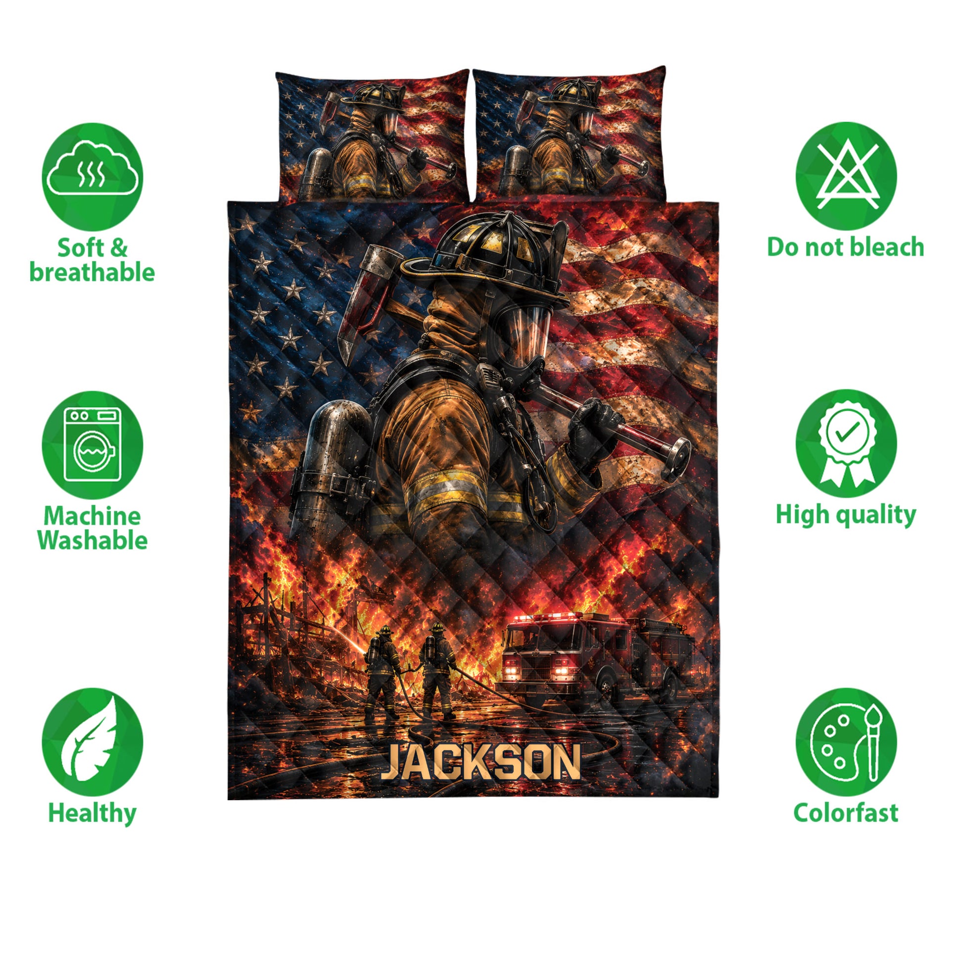 Firefighter quilt bedding set shown with fire truck artwork, bold flag colors, and product feature icons