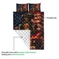 Firefighter quilt showing the printed front, white quilted backing, and fire truck scene artwork