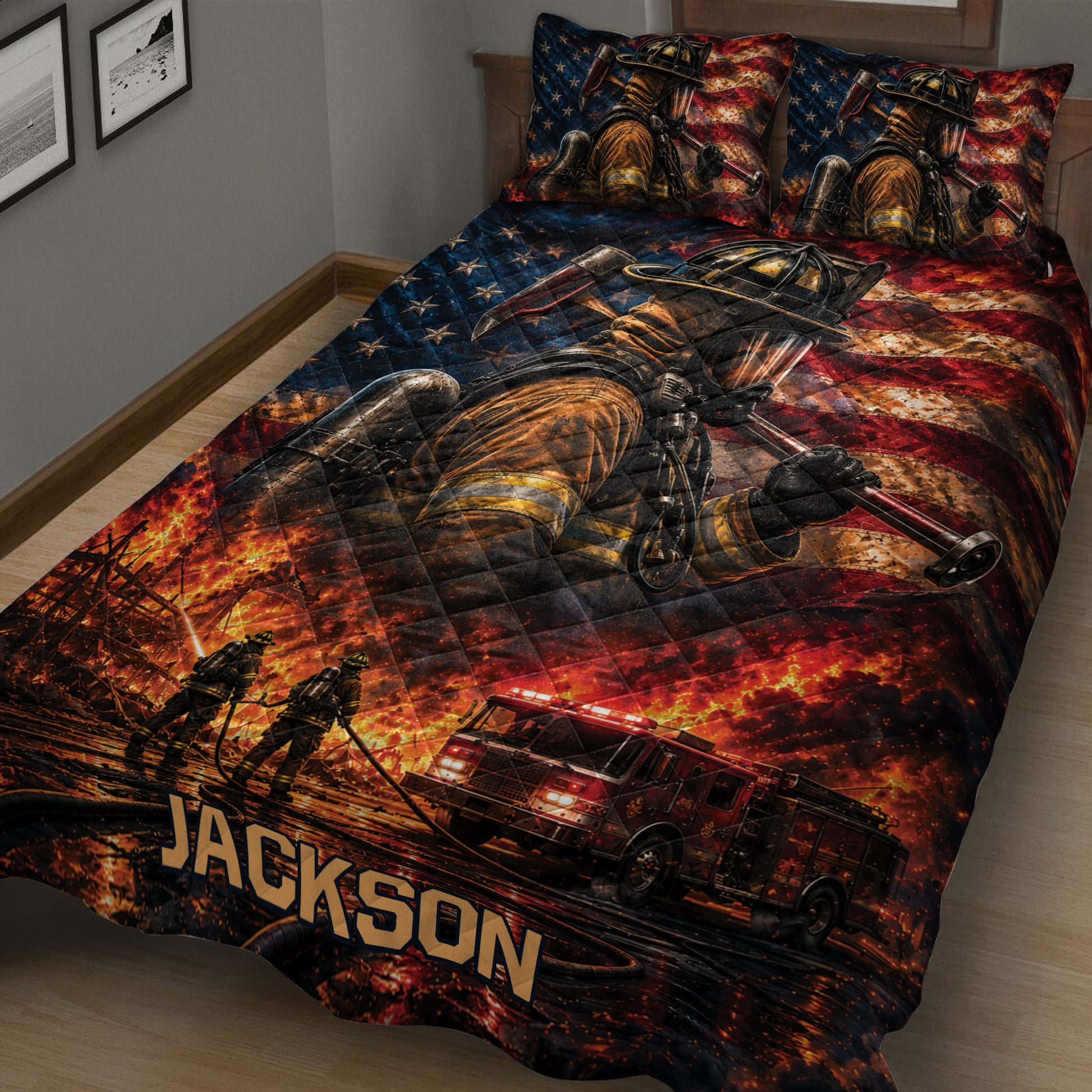 Close bedroom view of a firefighter quilt blanket featuring a firefighter, flames, fire truck, and American flag