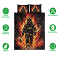 Firefighter quilt bedding set shown front-facing with flame artwork and matching printed pillowcases
