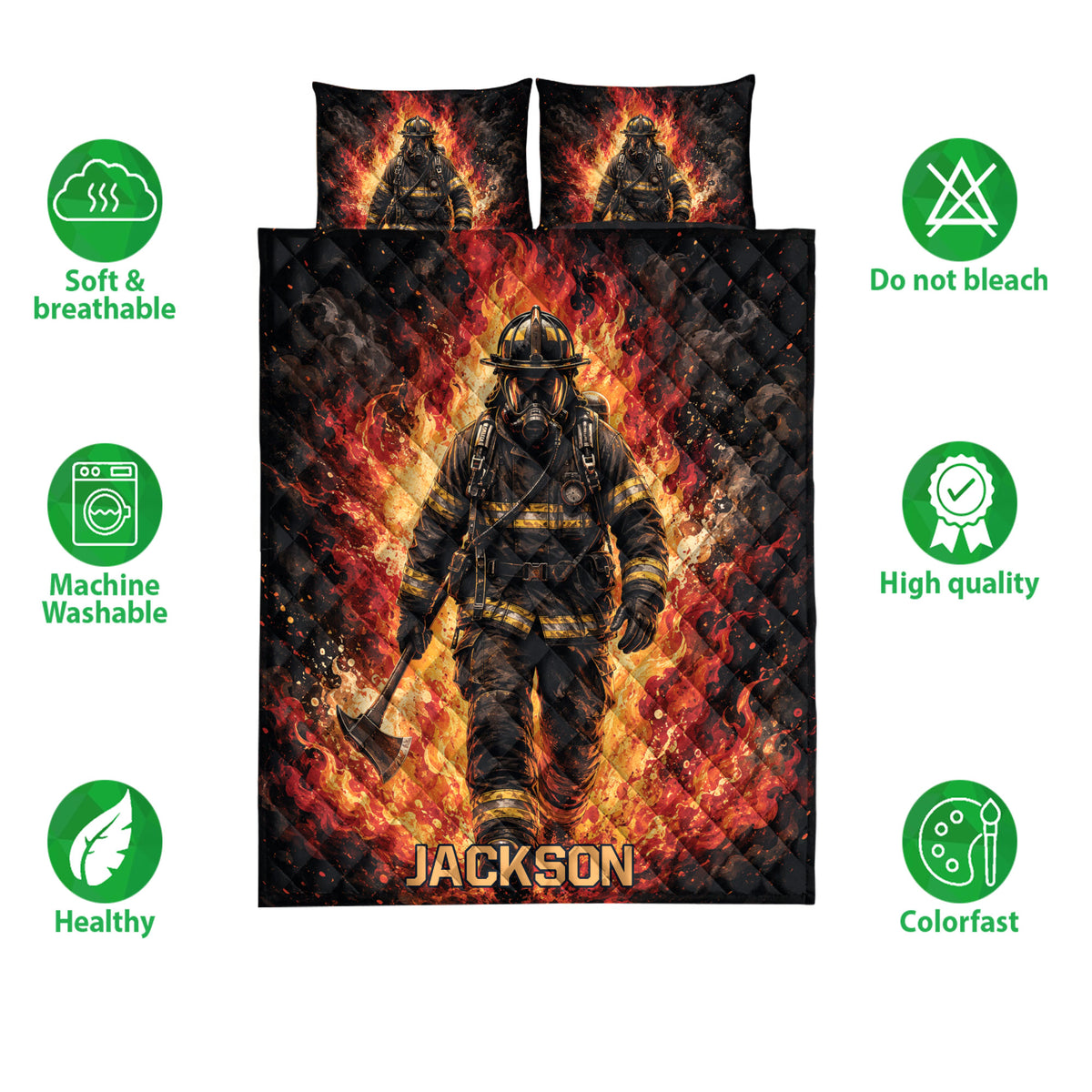 Firefighter quilt bedding set shown front-facing with flame artwork and matching printed pillowcases