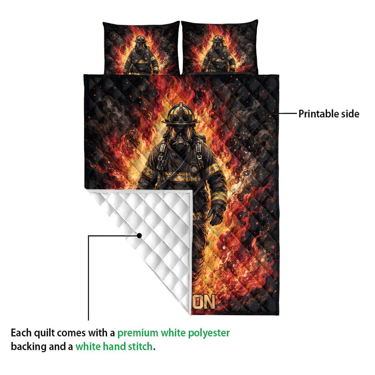 Firefighter quilt blanket showing the printed front and diamond-stitched white backing