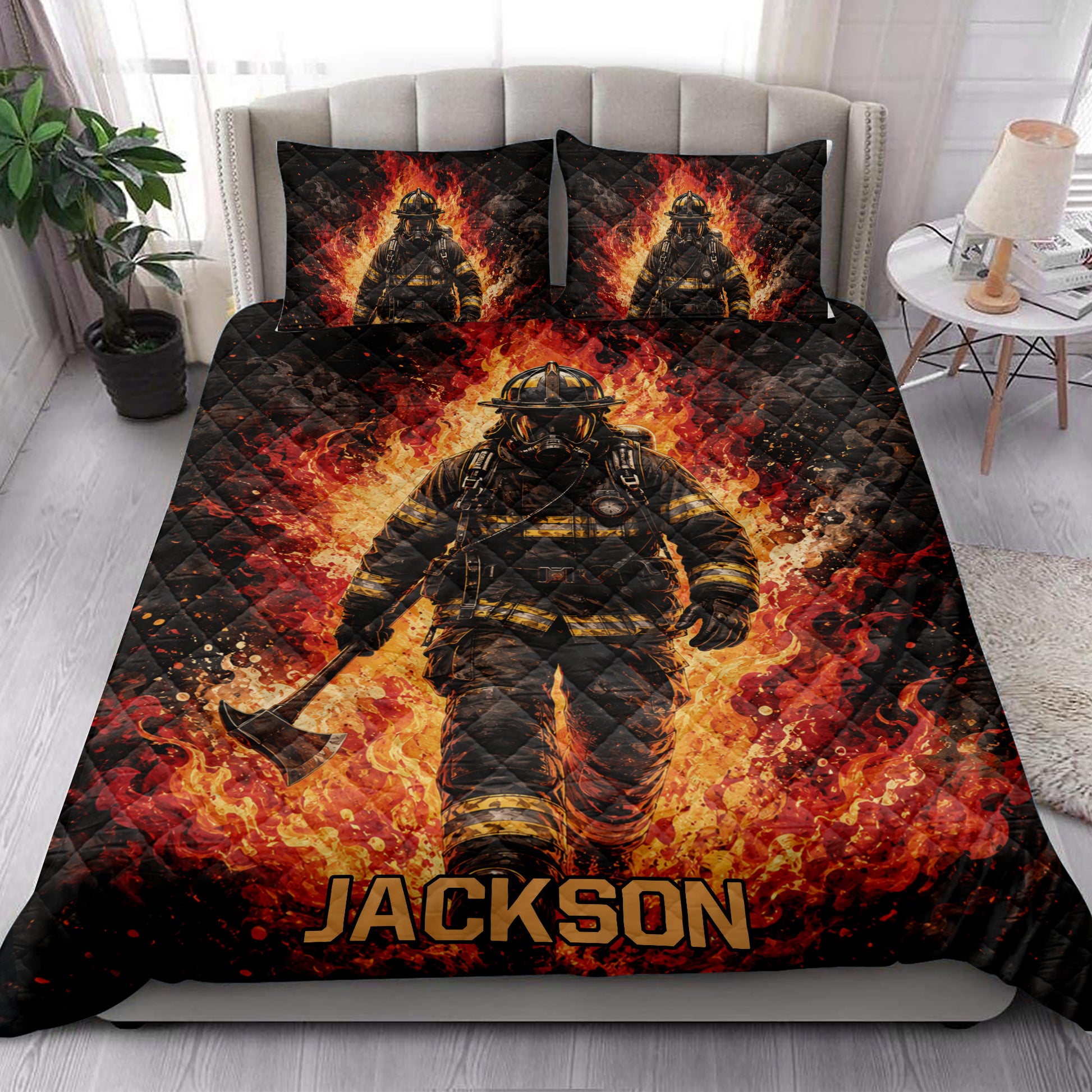 Firefighter quilt bedding styled in a bright bedroom with bold flames and protective gear artwork
