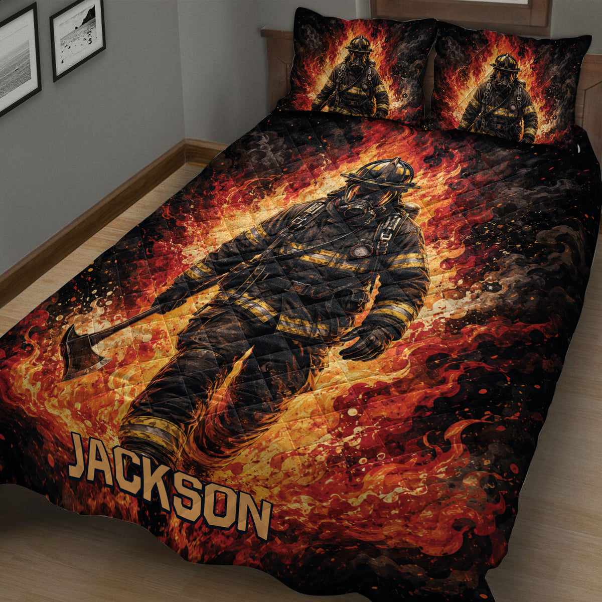 Close bedroom view of a firefighter quilt blanket featuring a dramatic firefighter surrounded by flames